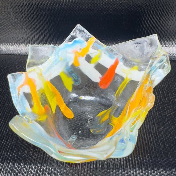 Vintage Hand Made Fused Art Glass Votive Holder Dish Bowl Multicolored Glass VTG - Picture 7 of 8